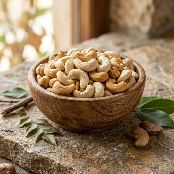 Mewaat Premium Indian Kaju Cashews in a wooden bowl