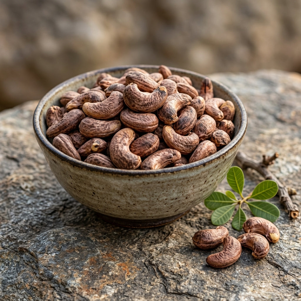 Mewaat Premium Skin-On Kaju Cashews in a rustic bowl