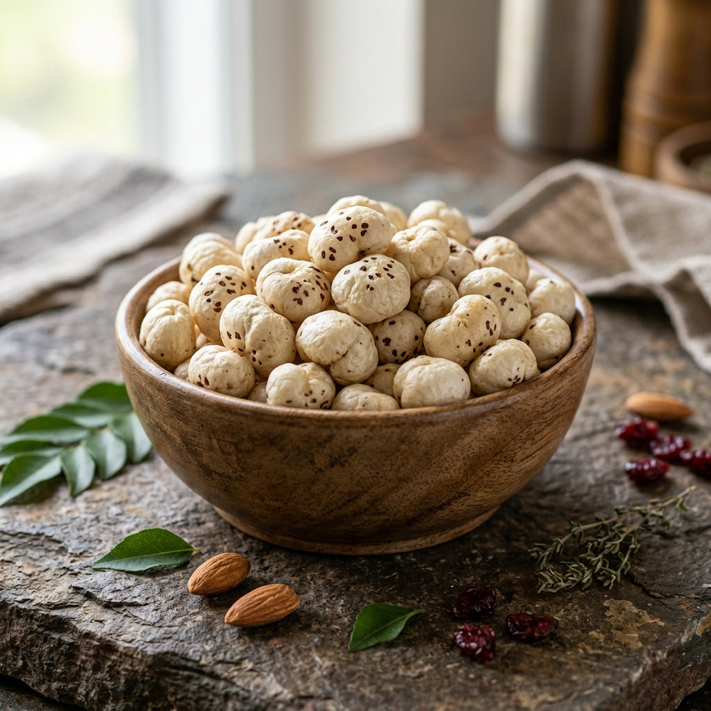 Mewaat Premium Phool Makhana Fox Nuts in a wooden bowl