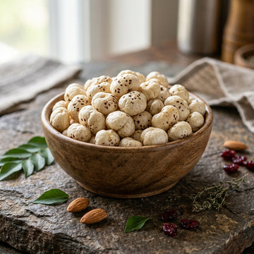 Mewaat Premium Phool Makhana Fox Nuts in a wooden bowl