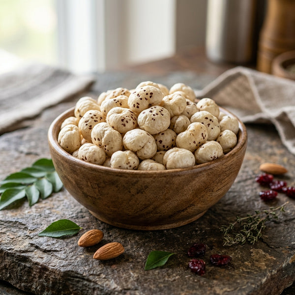 Mewaat Premium Phool Makhana Fox Nuts in a wooden bowl