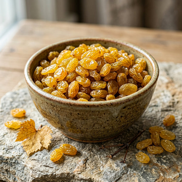 Mewaat Premium Golden Kishmish Golden Raisins in a rustic bowl