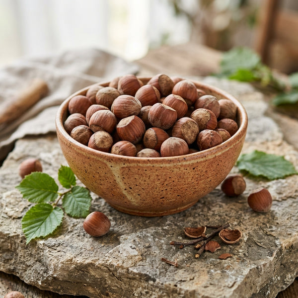Mewaat Premium Hazelnuts in a rustic ceramic bowl on stone