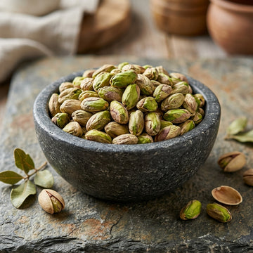 Mewaat Premium Pista Maghaz Pistachio Kernels in a stone bowl