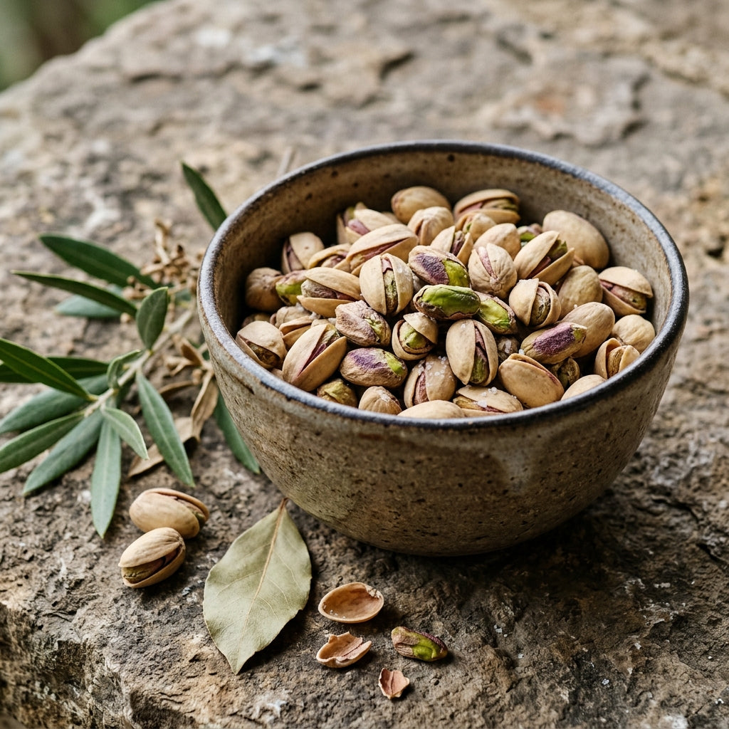 Mewaat Premium Namkeen Pista Salted Pistachios in a rustic bowl