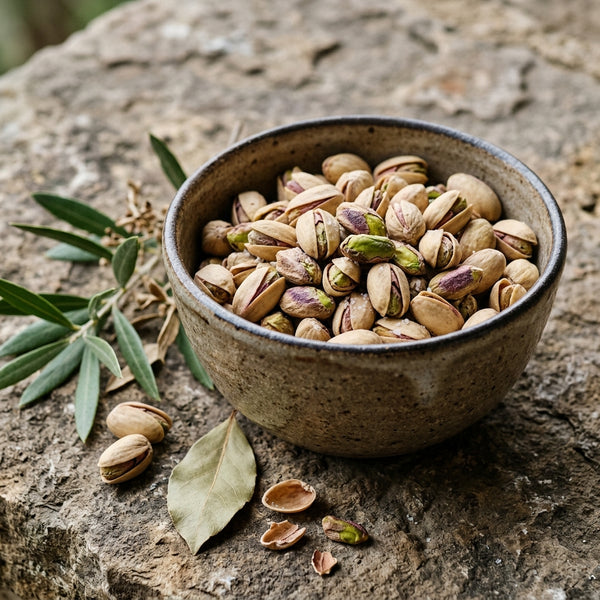 Mewaat Premium Namkeen Pista Salted Pistachios in a rustic bowl