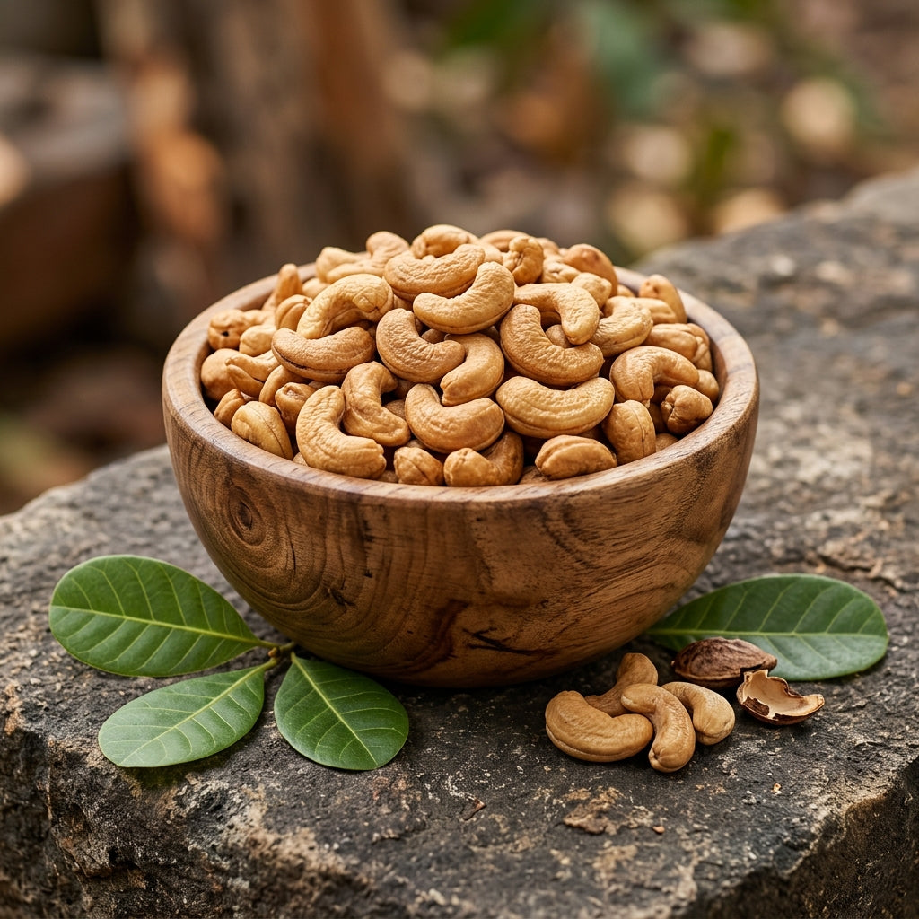 Mewaat Premium Vietnamese Kaju Cashews in a wooden bowl