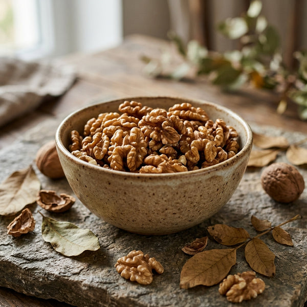 Mewaat Premium Walnut Kernels in a rustic bowl
