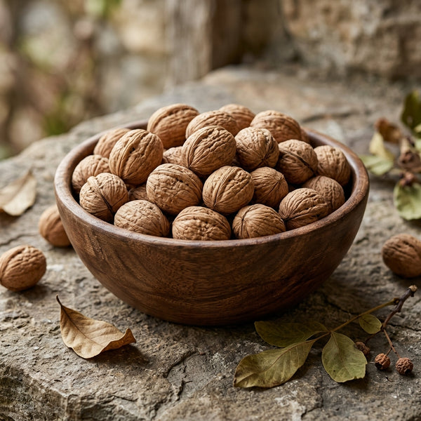 Mewaat Premium Walnuts in Shell in a wooden bowl