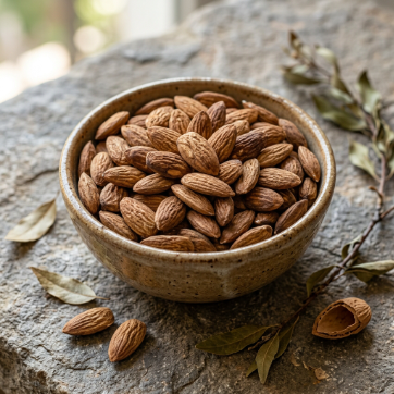 Mewaat Premium American Almonds in a rustic bowl